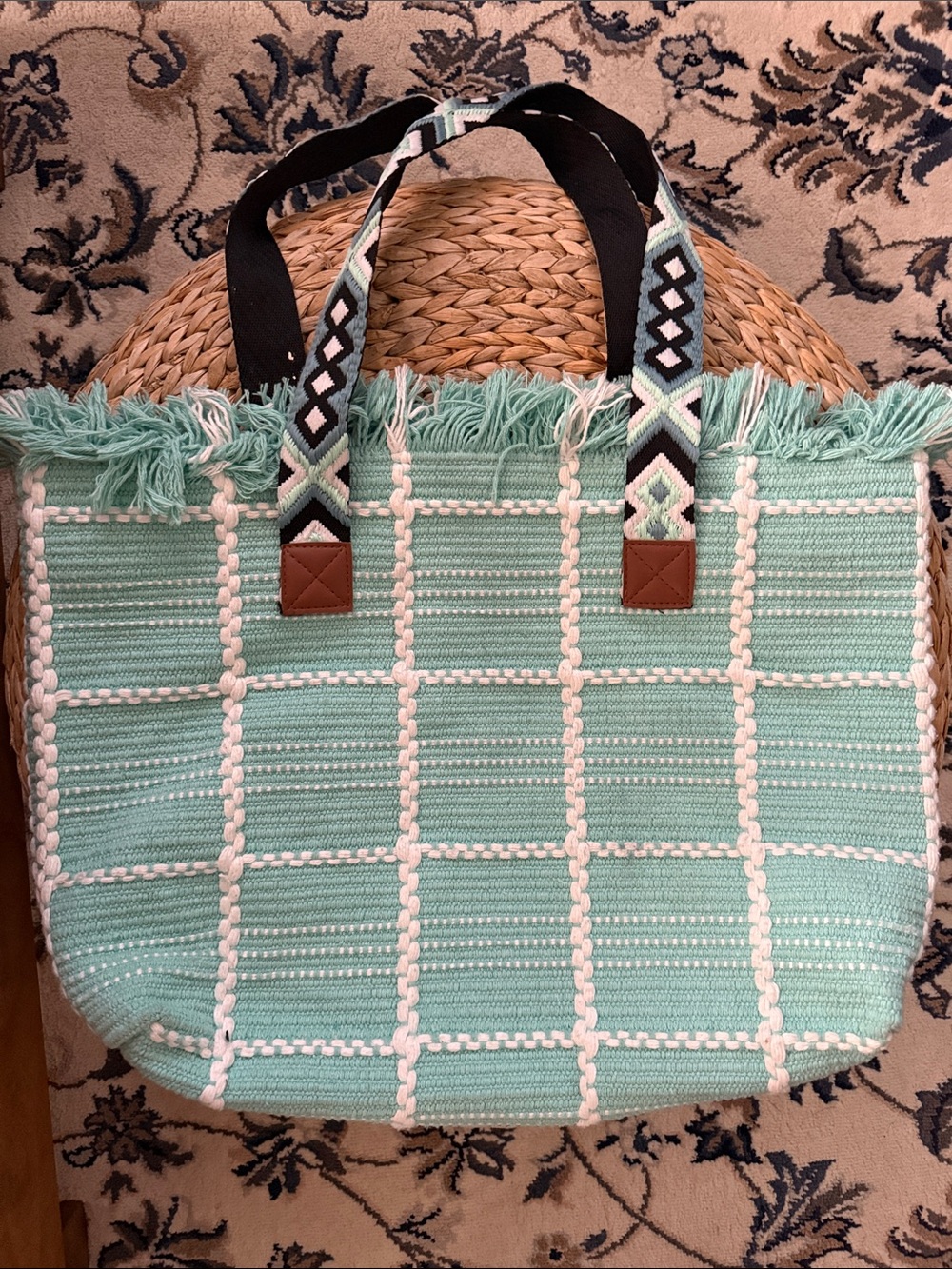 Teal Fringe Woven Tote with Patterned Straps